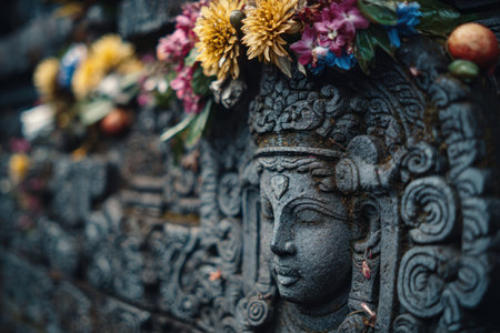 A detailed close-up showcases a weathered stone sculpture adorned with colorful flowers. The artwork features intricate carvings and a serene expression. The composition emphasizes texture and depth, with soft, natural lighting. Suitable for cultural, religious, or artistic publications, as well as decorative purposes.の素材
