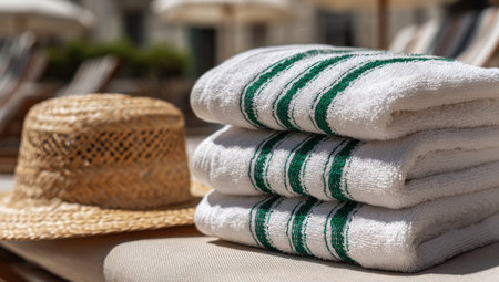 A stack of white towels with green stripes rests on a surface beside a straw hat. The image exhibits a bright, sunny outdoor scene. The composition focuses on the textured surfaces. Potential uses include articles on lifestyle, leisure, or hospitality.の素材