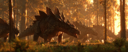 The image shows a group of stegosaurus dinosaurs in a forest setting. Warm sunlight filters through the trees, creating a golden atmosphere. The composition may be suitable for various commercial applications, including educational materials or artistic projects. The dinosaurs appear to be moving in a natural environment.の素材