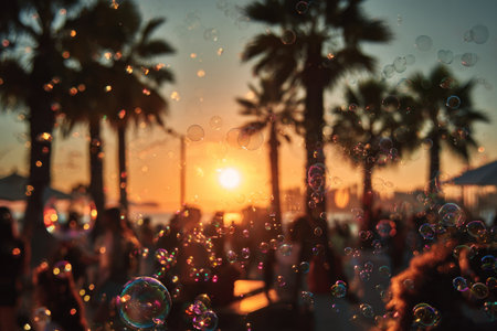 An artistic photo captures a sunset with silhouettes of palm trees. Bubbles float in the foreground, catching the golden light. The scene suggests a relaxed outdoor gathering. Ideal for backgrounds, advertisements, or conceptual visuals, the image evokes warmth and a sense of celebration, suitable for various creative projects.の素材