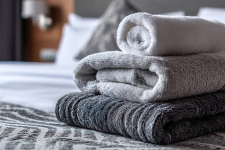 Three folded towels rest on a bed, exhibiting shades of white, gray, and black. The texture of the towels is prominent, with visible patterns. The composition suggests a bedroom setting, likely illuminated by soft lighting. This image is suitable for illustrating concepts related to cleanliness, comfort, and home decor.の素材