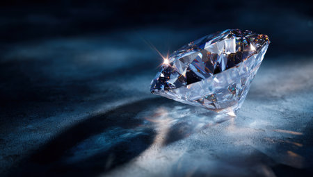 A brilliant-cut diamond gemstone is presented against a dark blue backdrop, creating high contrast. The composition focuses on the gem's facets, capturing light reflections. The image features textures and shadows, suggesting an indoor setting. This image could be used in advertising campaigns, or as a visual element in design projects.の素材