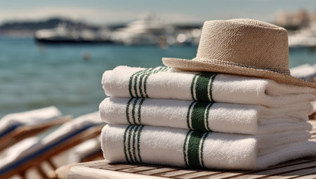 A stack of white towels with green stripes is topped with a straw hat. The composition features a shallow depth of field, with the blurred ocean and boats in the background. The natural light suggests a sunny day. This image is suitable for various commercial applications, including travel and lifestyle content.の素材
