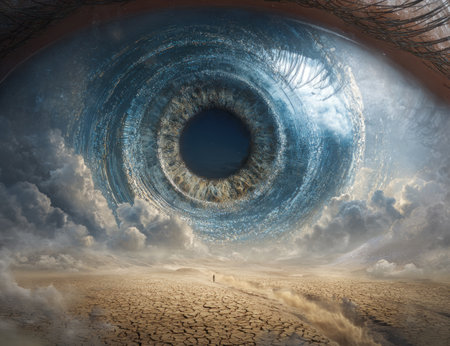 A large eye is superimposed over a desert landscape, reflecting clouds and the sky. The image uses a digital art style. The composition emphasizes the eye as the primary focus, with a small figure in the distance. It may be suitable for commercial or editorial purposes.の素材