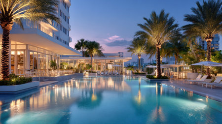 A resort swimming pool is the central focus, framed by palm trees and a building in the background. The water reflects the evening sky, exhibiting a range of blues and purples. The composition is centered, with balanced lighting enhancing the overall serene ambiance. This image is suitable for advertising and travel editorials.の素材