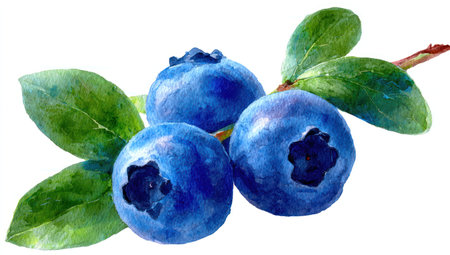 The image showcases three plump blueberries attached to a branch with several green leaves. The vibrant blue berries contrast with the green foliage, and a clear white background. The style is clean, with sharp focus and natural lighting suitable for various food and health-related projects.の素材