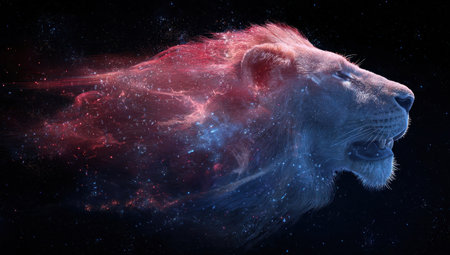 A digital artwork depicts a lion head dissolving into cosmic clouds of red, blue, and white against a black background. The image showcases a dramatic, high-contrast composition with dynamic lighting effects. Suitable for creative projects, the image is versatile for various editorial and design applications.の素材