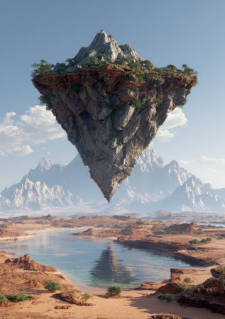 An otherworldly scene showcases a unique landscape, featuring a floating island above a tranquil lake. The composition includes detailed textures of rocks and vegetation. Cool colors dominate the sky and water, while warm tones highlight the land. Suitable for conceptual imagery, fantasy illustrations, and diverse design projects.の素材