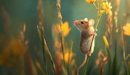 A small mouse clings to a delicate yellow flower, its attention directed upwards. The scene features soft, natural lighting, with a shallow depth of field emphasizing the subject. The composition suggests a vibrant outdoor environment filled with plants. Suitable for various projects requiring imagery of wildlife and nature.の素材