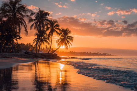 A vibrant sunset scene portrays a tropical beach with silhouettes of palm trees against a colorful sky. The ocean waves gently lap the shore, reflecting the warm hues of the setting sun. This visually appealing image could be suitable for various uses, including travel promotions and scenic backdrops.の素材