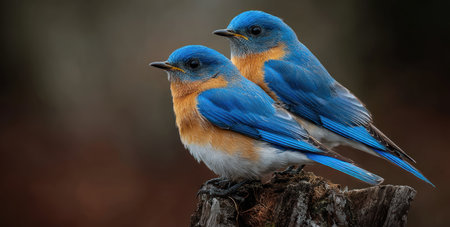 Two vibrantly colored birds with blue plumage and orange chests are perched on a weathered wooden log. The birds are captured in a medium shot, showcasing their details. The background is blurred, with earthy tones. Suitable for various commercial and editorial applications focusing on nature or wildlife.の素材