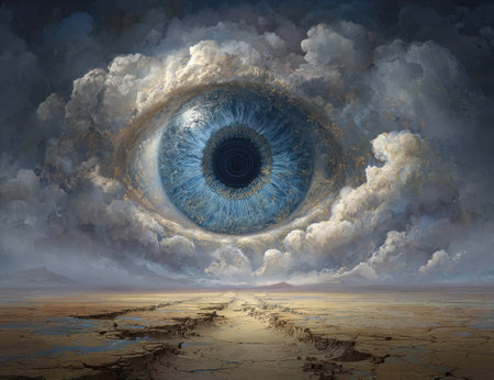 A surreal composition presents a large blue eye nestled amongst clouds, hovering above a desolate desert terrain. The artwork showcases a dramatic lighting effect and a detailed texture. This image could be used for conceptual projects, designs, or editorial content. The style seems to be digital art.の素材