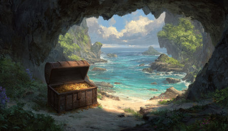 An open treasure chest overflowing with gold coins sits inside a cave opening. Lush green foliage frames the turquoise ocean meeting the blue sky. The digital art style depicts a sunny day. Suitable for illustrating stories of wealth, adventure, and discovery across various media.の素材