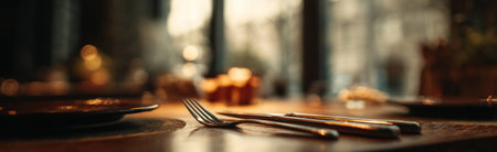 The image presents a table setting featuring a fork and knife. The composition has selective focus and natural lighting. The scene could be indoors, in a restaurant or at a home. The image could be used in commercial projects for design, culinary, and lifestyle themes.の素材