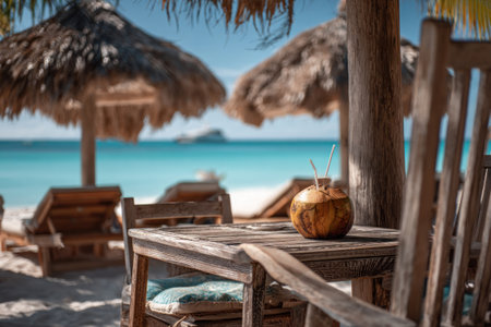 A coconut drink rests on a wooden table, captured in a bright, sunny composition. The scene features beach umbrellas, lounge chairs, and the calm ocean with a clear blue sky. It evokes relaxation and leisure, suitable for travel, vacation, or lifestyle concepts. The image suggests a tropical setting.の素材