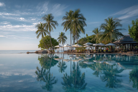 This image shows a tranquil resort setting featuring palm trees, umbrellas, and buildings reflected in still water. The composition displays a bright, clear sky, and lush vegetation, creating a sense of serenity. The overall style suggests a sunny day. Suitable for travel, tourism, and lifestyle content.の素材