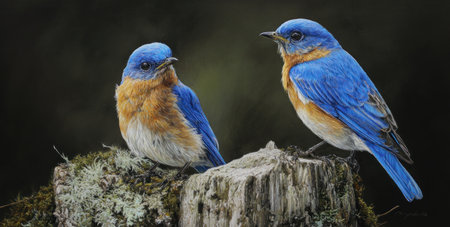 Two bluebirds are featured perched on a weathered tree stump. The birds exhibit vibrant blue plumage with hints of orange and brown. The composition is set against a dark background, enhancing the contrast and emphasizing the birds. This image may be used for editorial and commercial applications.の素材