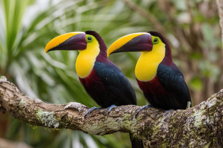 Two toucans with distinctive yellow, orange, and black plumage are perched on a tree branch. The birds have large beaks and dark eyes. The image exhibits a focus on the bird's features with shallow depth of field. It could be suitable for illustrating concepts such as wildlife, nature, or travel.の素材