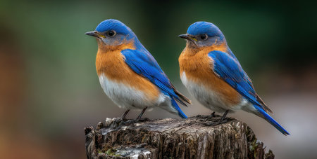 Two bluebirds, displaying a vivid blue and orange plumage, perch atop a weathered wooden stump. The composition features a shallow depth of field, highlighting the birds against a softly blurred background. The image showcases natural colors and textures, with the birds' feathers contrasting against the wood. Suitable for editorial and commercial uses.の素材