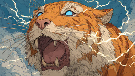 An illustration depicts a tiger with vibrant orange fur and blue eyes. Jagged lightning bolts cross the background. The artwork features a dynamic composition with detailed textures and vivid colors. This image could be utilized for design projects, editorial content, or various creative applications.の素材