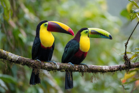 Two toucans with striking yellow, red, and black plumage are perched on a branch. They showcase large, colorful beaks and are set against a backdrop of green leaves. The image highlights natural textures and lighting, suitable for a range of commercial and editorial uses.の素材