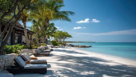 A tranquil beach scene showcases lounge chairs under palm trees and the shade they provide. The composition features a sandy beach meeting crystal-clear water under a bright blue sky with scattered clouds. Ideal for illustrating themes of relaxation, leisure, or travel for various commercial purposes.の素材