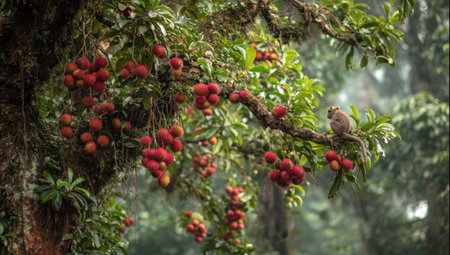 A tree branch displays clusters of ripe red fruit amidst vibrant green leaves. The image showcases the natural texture of the bark and foliage. The lighting suggests an outdoor setting, possibly a forest or orchard. The composition could be used for editorial content or commercial projects focused on nature and food.の素材
