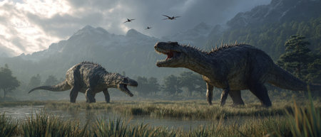 Two large dinosaurs are depicted in a natural environment, possibly prehistoric. They feature rough textures and a muted color palette. The composition includes birds in the sky and a mountainous backdrop, suggesting an outdoor setting. This image could be useful for educational resources or visual storytelling.の素材