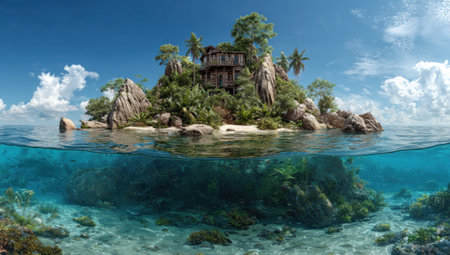 An idyllic island scene features a small, rocky landmass covered in trees and a weathered structure. The image showcases vibrant blue waters and a clear sky. Sunlight illuminates the lush vegetation, creating a visually appealing composition suitable for various commercial and editorial applications.の素材
