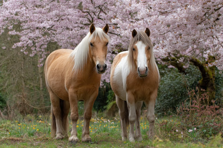 Two horses are the primary subjects of this outdoor image. They stand facing the viewer in a natural setting, featuring soft lighting and a shallow depth of field. The horses are shades of brown and white. The background displays a profusion of pink blossoms, hinting at springtime. The image could be useful for editorial content or promotional purposes.の素材