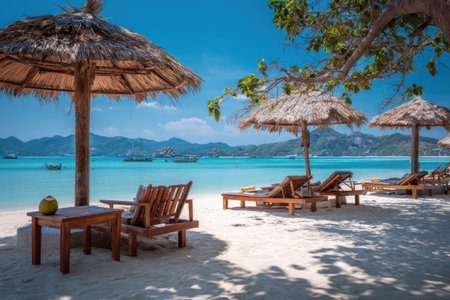 A coastal scene features multiple straw umbrellas and lounge chairs situated on a sandy beach. The bright blue water and sky create a vibrant backdrop. The photograph showcases a combination of natural light and shadows. The composition and colors are suitable for various commercial applications.の素材