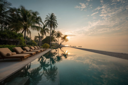 An infinity pool reflects a sunset with a tranquil view of the ocean. Palm trees line the horizon. The composition features warm colors and highlights the natural light. This image may be used for travel, leisure, or vacation-themed advertising and editorial content.の素材