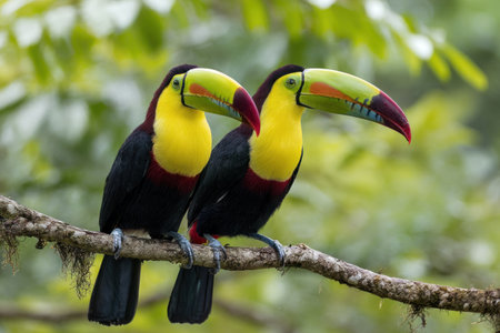 Two toucans with vibrant plumage are seen resting on a tree branch. The composition features a shallow depth of field, showcasing the birds' yellow breasts, red accents, and large, colorful beaks. The image, bathed in soft light, could be used for educational materials or nature-themed projects.の素材