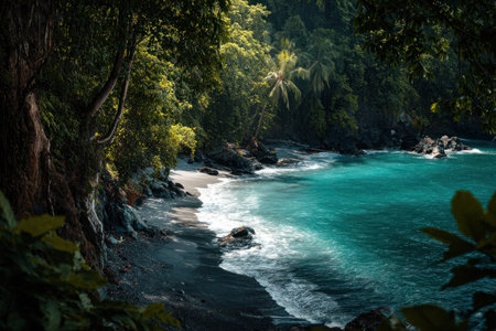 A scenic landscape presents a vibrant beach scene with turquoise water meeting a dark sand shore. Lush green foliage frames the view, with sunlight filtering through the trees. The composition could be suitable for various commercial purposes, illustrating themes of nature and travel.の素材