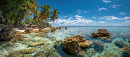 A serene coastal scene features palm trees, rocks, and transparent water under a blue sky. The image displays a combination of green, brown, and blue hues. The composition is balanced with natural lighting, ideal for various commercial and editorial purposes, such as travel content and environmental themes.の素材
