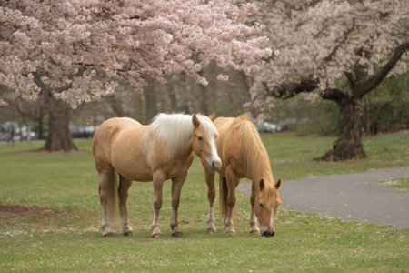 Two horses graze peacefully in a grassy field beneath large trees with pink blossoms. The composition uses natural daylight and includes an outdoor setting with hints of a path. The image is well-suited for visual content related to nature, animals, or agricultural themes, with potential uses for marketing or editorial purposes.の素材