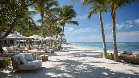 A serene beach scene showcases white sand, crystal-clear blue water, and several tall palm trees. Lounge chairs and umbrellas provide shade for relaxation. The bright sunlight creates shadows. This image is suitable for travel, tourism, relaxation, or vacation-themed projects.の素材