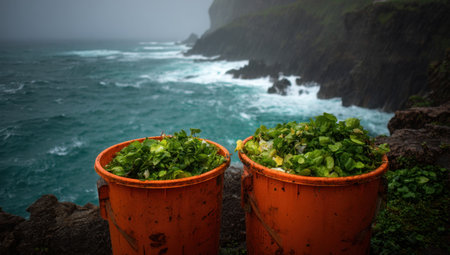 Two orange buckets filled with green leafy plants are positioned on a rugged coastline next to a turbulent ocean. The image showcases a dramatic scene with a cloudy sky and crashing waves. The composition utilizes a medium shot with natural lighting suggesting an outdoor environment, suitable for a variety of commercial or editorial purposes.の素材