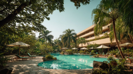 A tropical outdoor scene showcases a swimming pool surrounded by lush greenery and palm trees. A multistory building provides a backdrop. The composition features natural light, emphasizing colors such as green and blue. This image may be suitable for travel, leisure, or hospitality-related content.の素材