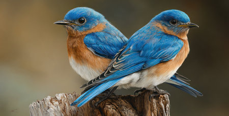 Two vibrantly colored bluebirds sit together on a weathered wooden branch. The birds showcase brilliant blue plumage contrasted with warm brown chests and white bellies. Soft lighting enhances the fine details of the feathers. This image is suitable for various editorial and commercial projects.の素材