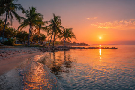 A serene tropical beach scene showcases silhouettes of palm trees against a vibrant sunset. The image presents a calm ocean reflecting the warm orange and pink hues of the sky. It features soft textures with possible uses for travel, nature, and leisure themes.の素材