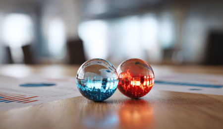 Two spheres, one blue and one red, sit on a wooden table surface alongside printed data sheets. The image features shallow depth of field with a blurred background. The spheres reflect ambient light and surroundings creating a dynamic visual effect. Suitable for business presentations or abstract commercial applications.の素材