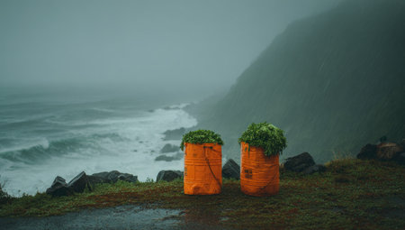 Two cylindrical orange containers, topped with green foliage, stand on a coastal edge against a backdrop of a churning ocean and misty mountains. The composition features a moody color palette with tones of orange, green, and grey, while the lighting suggests overcast conditions. This image is suitable for various commercial and editorial purposes.の素材