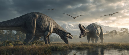 Two large dinosaurs stand near a body of water under a dramatic sky. Their massive forms are detailed with realistic textures. The scene includes vegetation and flying creatures, creating a prehistoric setting. This image is suitable for various uses, including educational content, illustration, and design.の素材