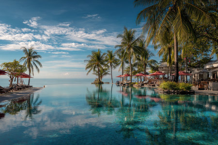 A tranquil outdoor scene captures a resort pool reflecting palm trees and sky. The clear water mirrors the blue sky and fluffy clouds. Tropical vegetation and trees surround the pool area, alongside buildings and umbrellas. The image may be suitable for travel, leisure, or vacation-related projects.の素材