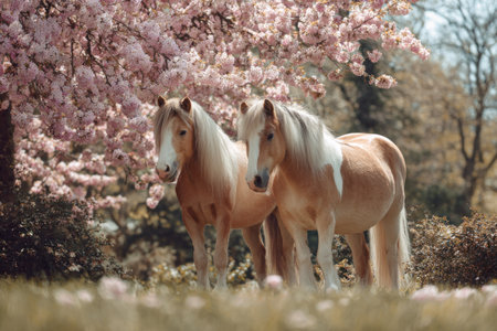 Two horses with light brown coats and white manes stand in a field, framed by a blossoming tree with pink flowers. The composition uses soft focus and natural light to create a romantic and dreamy aesthetic. The image could be utilized for various projects, including editorial and marketing materials.の素材