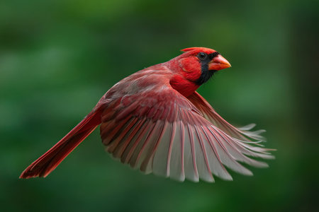 A striking red cardinal is captured mid-flight against a blurred green backdrop. The bird's plumage showcases rich shades of red and gray, with visible wing feathers. The image uses soft lighting, emphasizing natural textures and movement. This photograph is suitable for various uses, including editorial and promotional content.の素材
