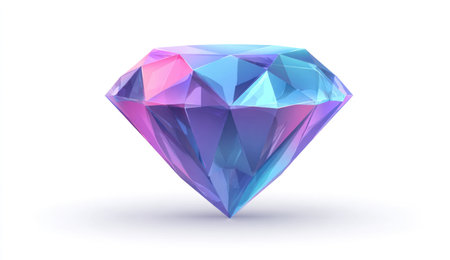 This image showcases a colorful diamond illustration set against a plain white backdrop. The gemstone features shades of blue, purple, and pink, reflecting light. The composition utilizes subtle shadows, and its style suggests digital art. It can be used for various projects, including designs related to luxury, fashion, or digital media.の素材