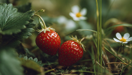 Two ripe red strawberries hang from green leafy stems in this close-up shot. Small white flowers with yellow centers dot the background, suggesting a natural, outdoor setting. The image presents a shallow depth of field with soft lighting, suitable for various commercial projects.の素材