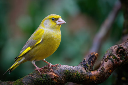 A small, brightly colored bird with yellow and green plumage is perched on a textured, brown branch. The bird is in sharp focus, with a blurred background of green foliage. The image features natural lighting and a shallow depth of field. Suitable for illustrating nature, wildlife, and environmental topics.の素材